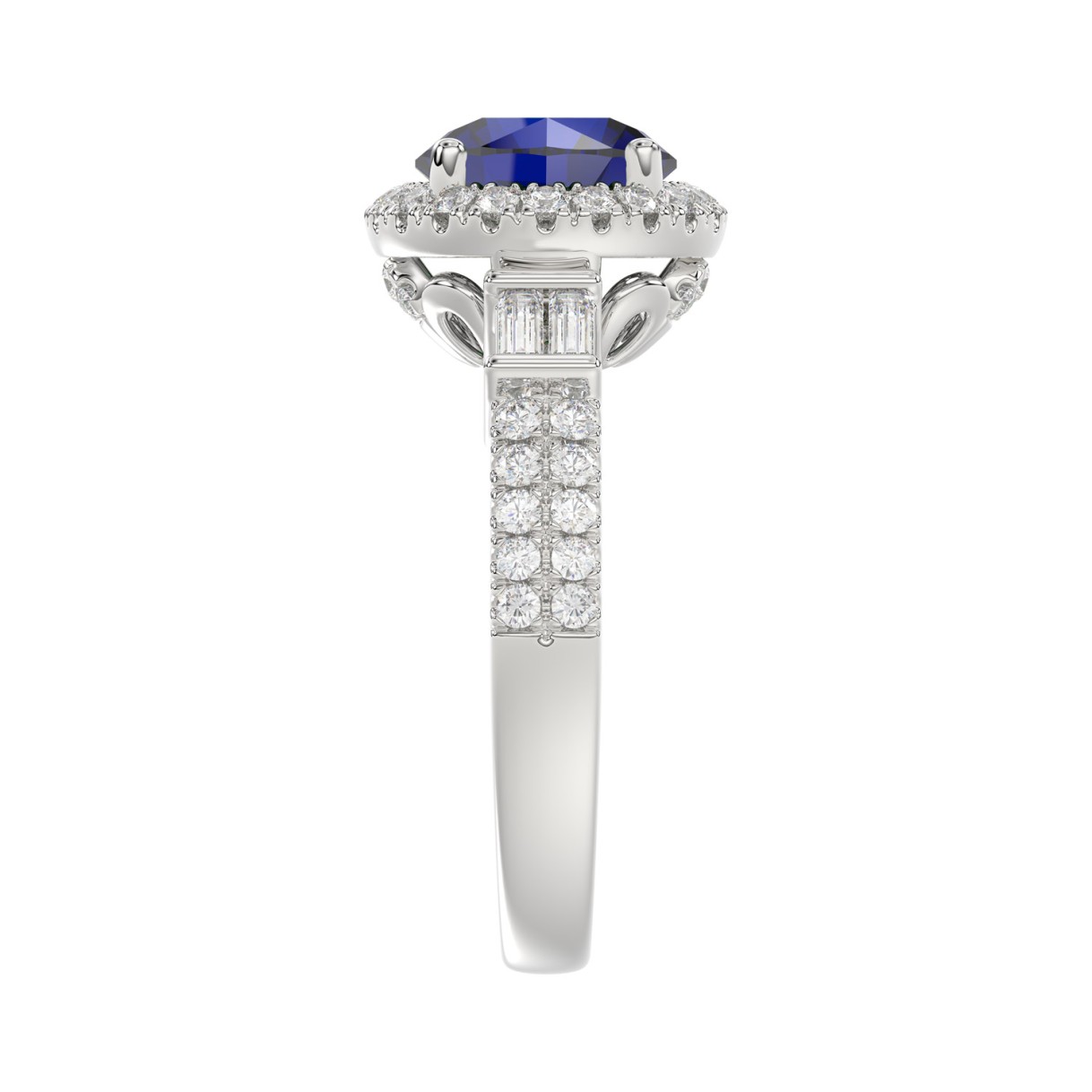 14K WHITE GOLD 2 1/2CT ROUND/BAGUETTE DIAMOND LADIES RING (CENTER STONE BLUE SAPPHIRE ROUND DIAMOND 2CT)