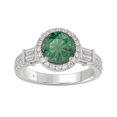 14K WHITE GOLD 2 1/2CT ROUND/BAGUETTE DIAMOND LADIES RING (CENTER STONE GREEN EMERALD ROUND DIAMOND 2CT) 14K WHITE GOLD 2 1/2CT ROUND/BAGUETTE DIAMOND LADIES RING (CENTER STONE GREEN EMERALD ROUND DIAMOND 2CT)
