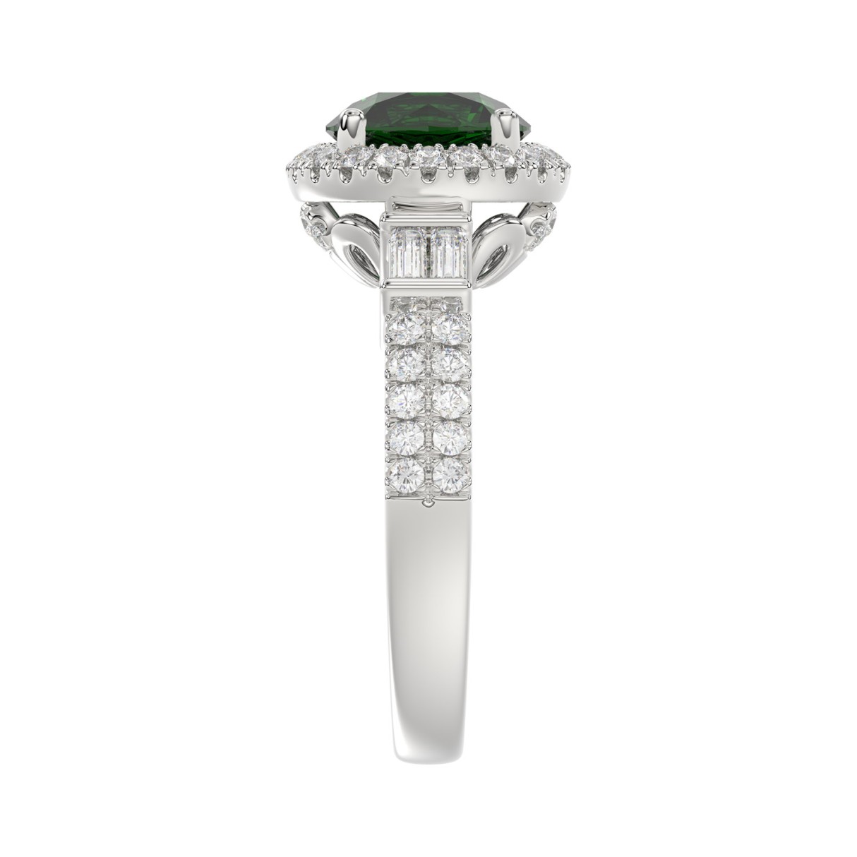 14K WHITE GOLD 2 1/2CT ROUND/BAGUETTE DIAMOND LADIES RING (CENTER STONE GREEN EMERALD ROUND DIAMOND 2CT)