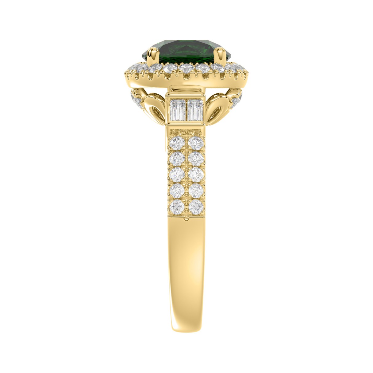 14K YELLOW GOLD 2 1/2CT ROUND/BAGUETTE DIAMOND LADIES RING (CENTER STONE GREEN EMERALD ROUND DIAMOND 2CT)