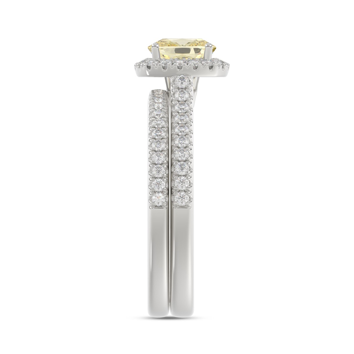 14K WHITE GOLD 1 1/2CT YELLOW CUSHION/ROUND DIAMOND LADIES BRIDAL SET (CENTER STONE YELLOW CUSHION  DIAMOND 1/10CT)