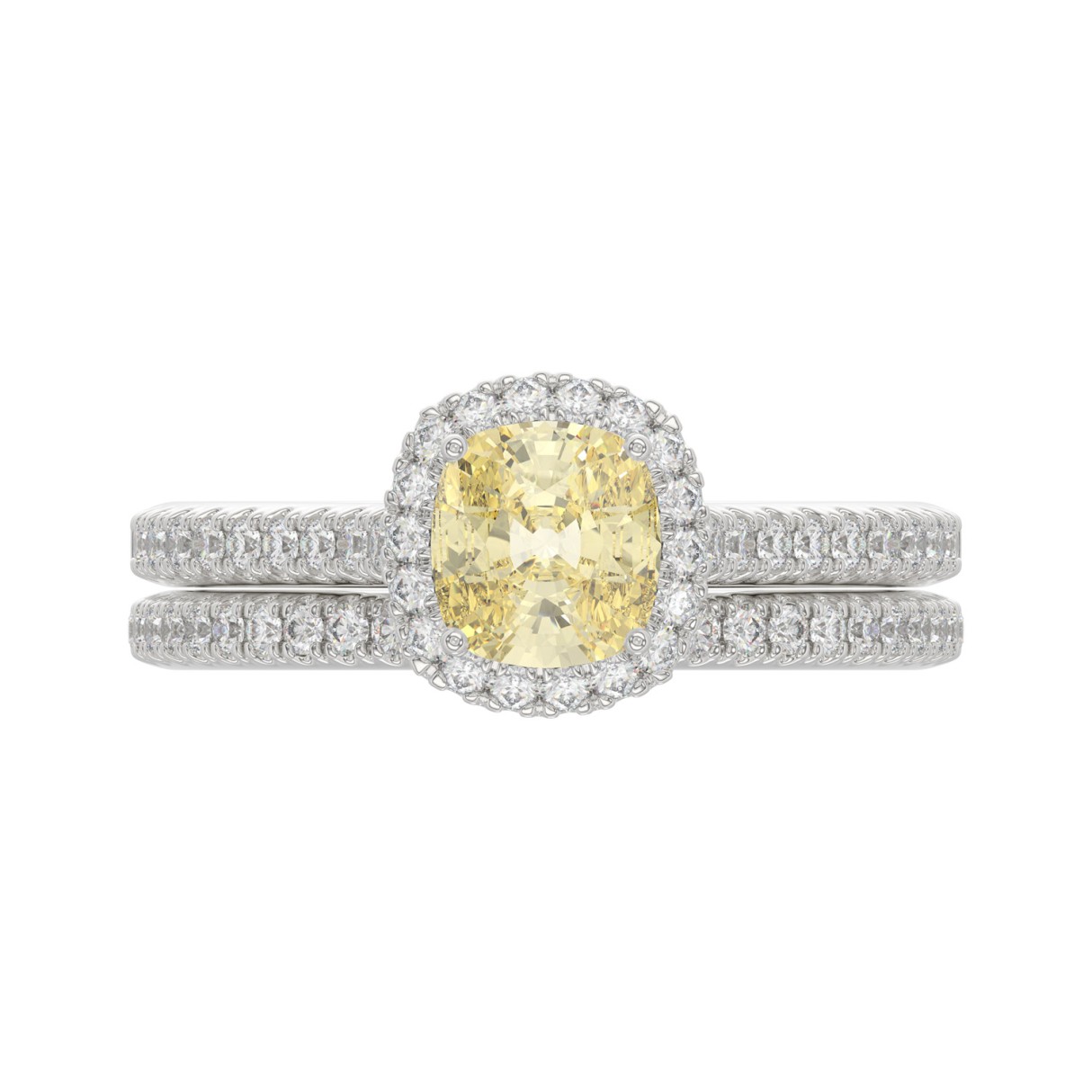 14K WHITE GOLD 1 1/2CT YELLOW CUSHION/ROUND DIAMOND LADIES BRIDAL SET (CENTER STONE YELLOW CUSHION  DIAMOND 1/10CT)