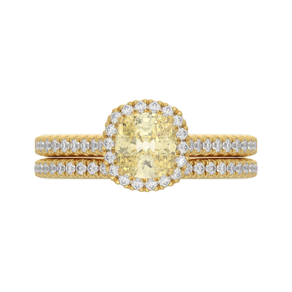 14K YELLOW GOLD 1 1/2CT CUSHION/ROUND DIAMOND LADIES BRIDAL SET (CENTER STONE YELLOW CUSHION DIAMOND 1CT)