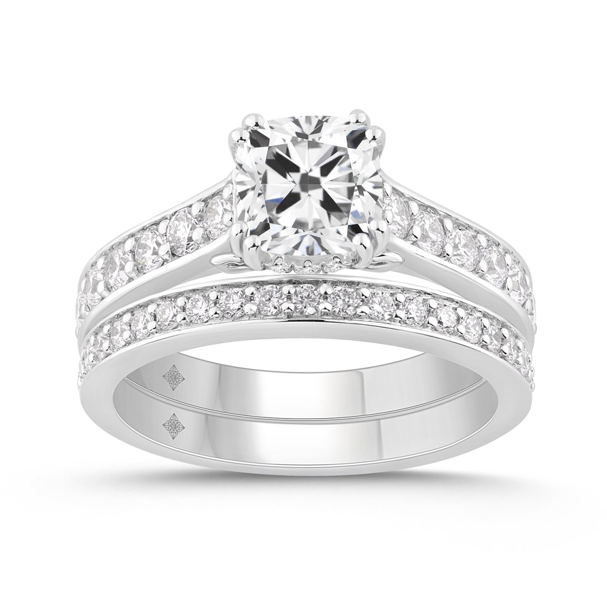 14K WHITE GOLD 2 1/2CT CUSHION/ROUND DIAMOND LADIE...