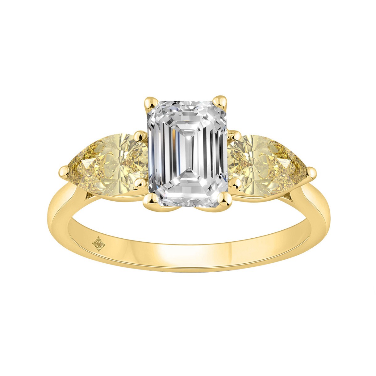 14K YELLOW GOLD 2 1/2CT EMERALD/YELLOW PEAR DIAMOND LADIES RING (CENTER STONE EMERALD DIAMOND 1 1/2CT)