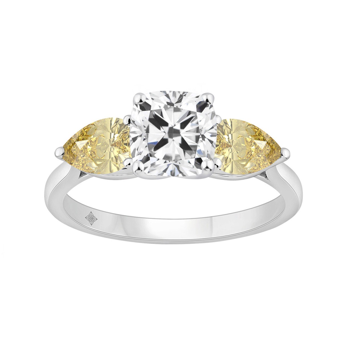 14K WHITE GOLD 2 5/8CT CUSHION/YELLOW PEAR DIAMOND...