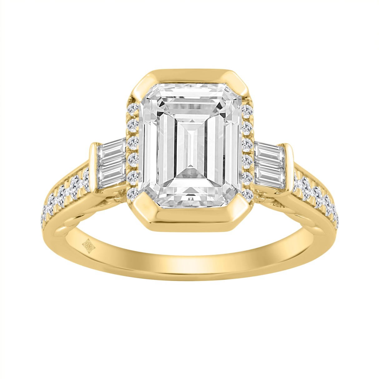 14K YELLOW GOLD 3 1/2CT ROUND/BAGUETTE/EMERALD DIAMOND LADIES RING (CENTER STONE EMERALD DIAMOND 3CT)