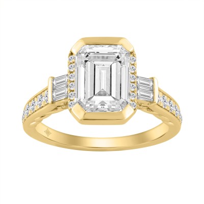 14K YELLOW GOLD 3 1/2CT ROUND/BAGUETTE/EMERALD DIAMOND LADIES RING (CENTER STONE EMERALD DIAMOND 3CT)