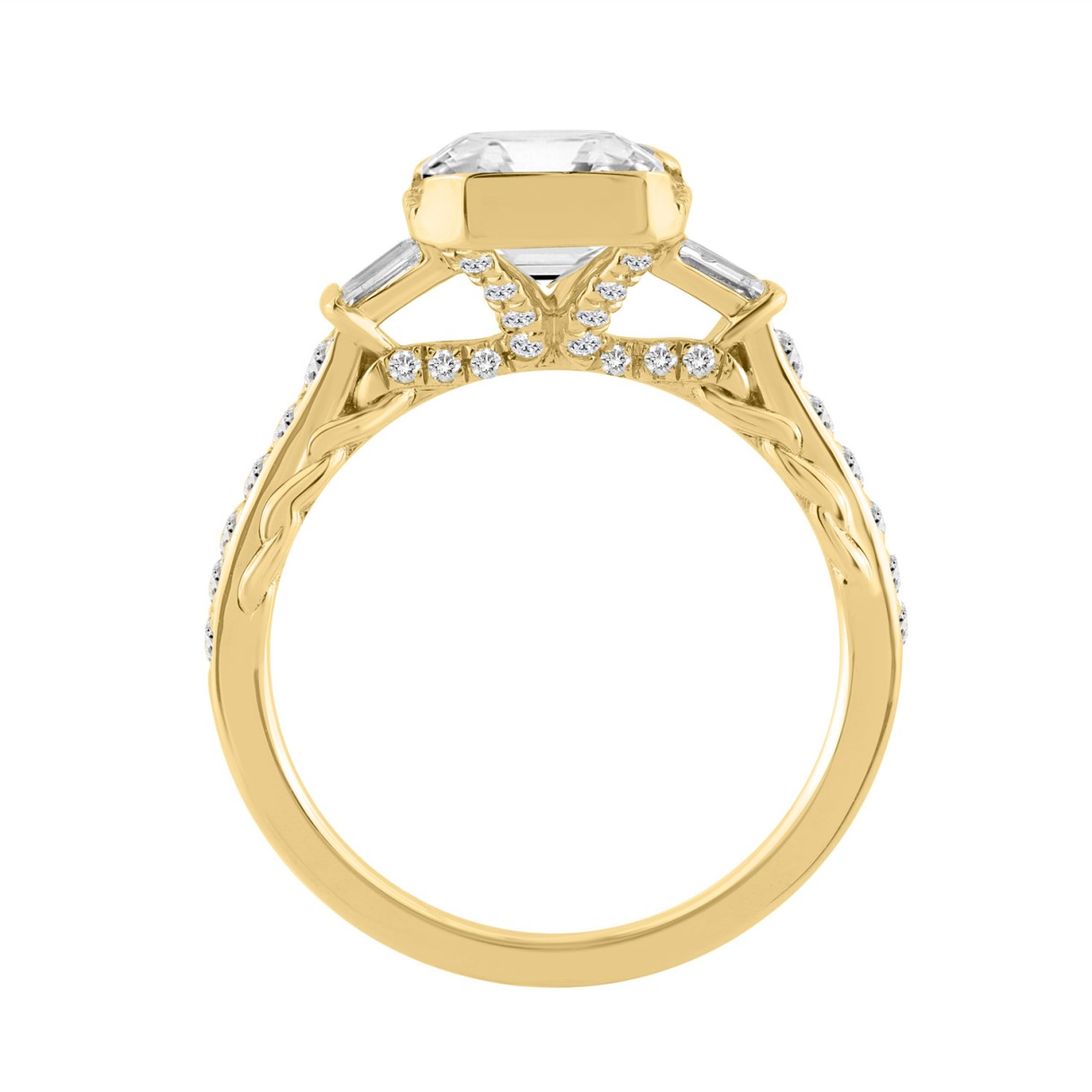 14K YELLOW GOLD 3 1/2CT ROUND/BAGUETTE/EMERALD DIAMOND LADIES RING (CENTER STONE EMERALD DIAMOND 3CT)