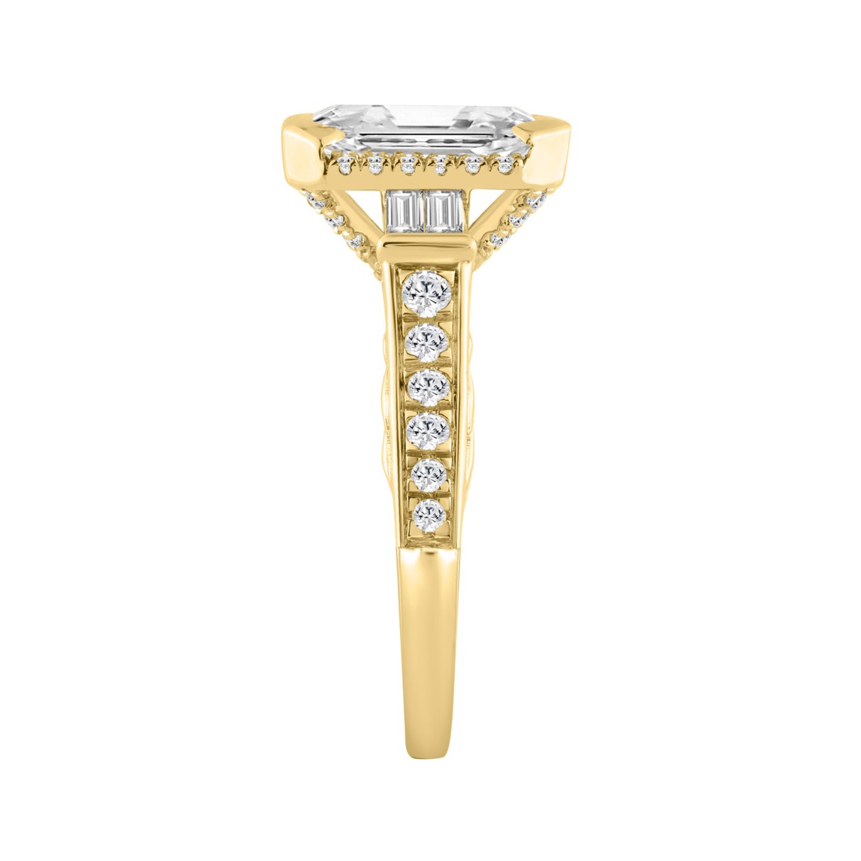 14K YELLOW GOLD 3 1/2CT ROUND/BAGUETTE/EMERALD DIAMOND LADIES RING (CENTER STONE EMERALD DIAMOND 3CT)