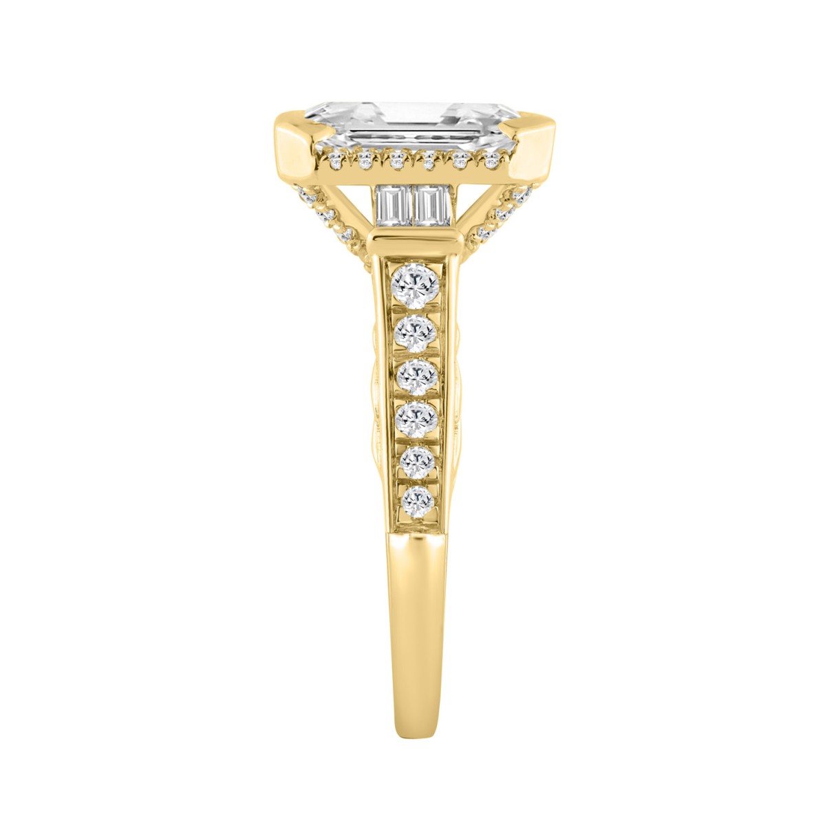 14K YELLOW GOLD 3 1/2CT ROUND/BAGUETTE/EMERALD DIAMOND LADIES RING (CENTER STONE EMERALD DIAMOND 3CT)