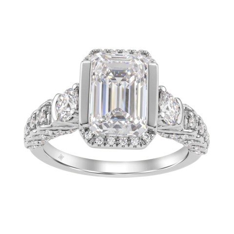 14K White Gold 4.00 Ct Round & Emerald Cut Diamond Engagement Ring For Women With Side Round Diamond 3.00Ct Emerald Center Stone (Color F-G -Clarity Vs1/Vs2)