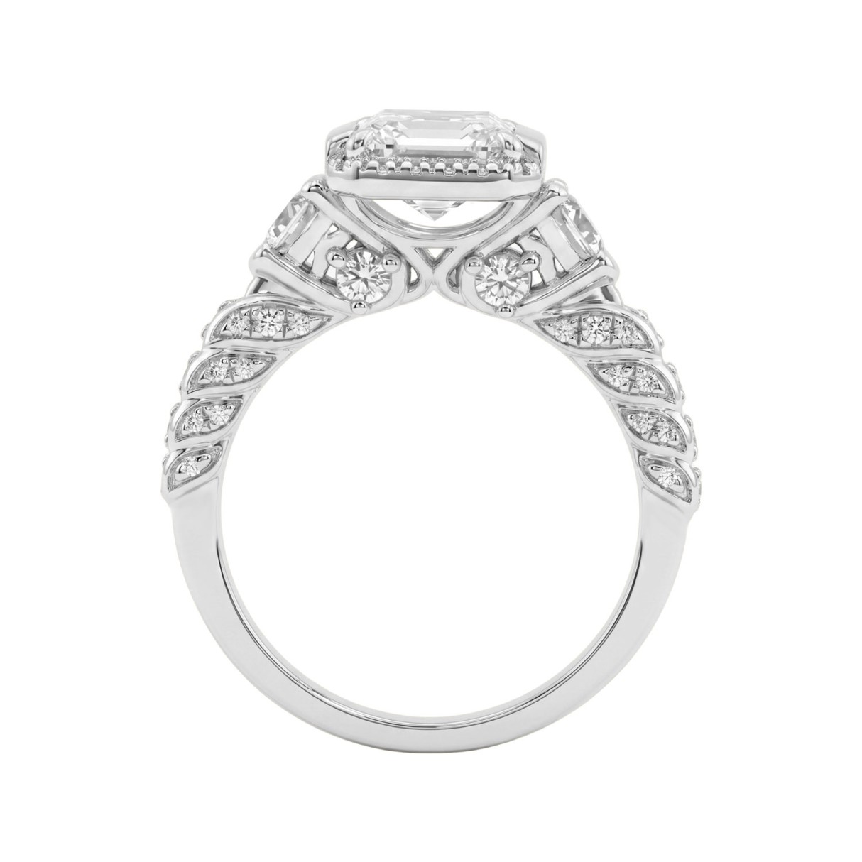 14K White Gold 4.00 Ct Round & Emerald Cut Diamond Engagement Ring For Women With Side Round Diamond 3.00Ct Emerald Center Stone (Color F-G -Clarity Vs1/Vs2)