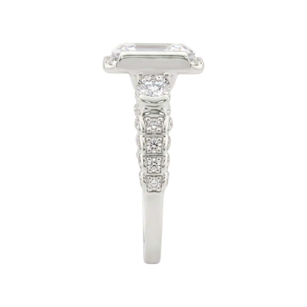 14K White Gold 4.00 Ct Round & Emerald Cut Diamond Engagement Ring For Women With Side Round Diamond 3.00Ct Emerald Center Stone (Color F-G -Clarity Vs1/Vs2)