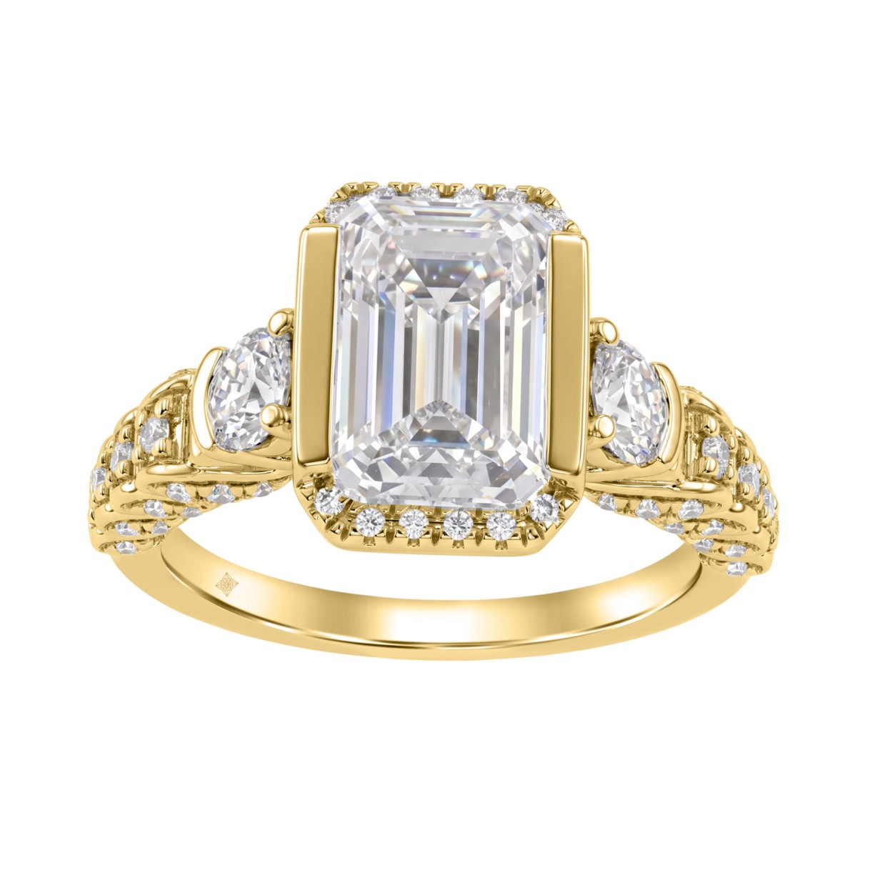 14K Yellow Gold 4.00 Ct Round & Emerald Cut Diamond Engagement Ring For Women With Side Round Diamond 3.00Ct Emerald Center Stone (Color F-G -Clarity Vs1/Vs2)