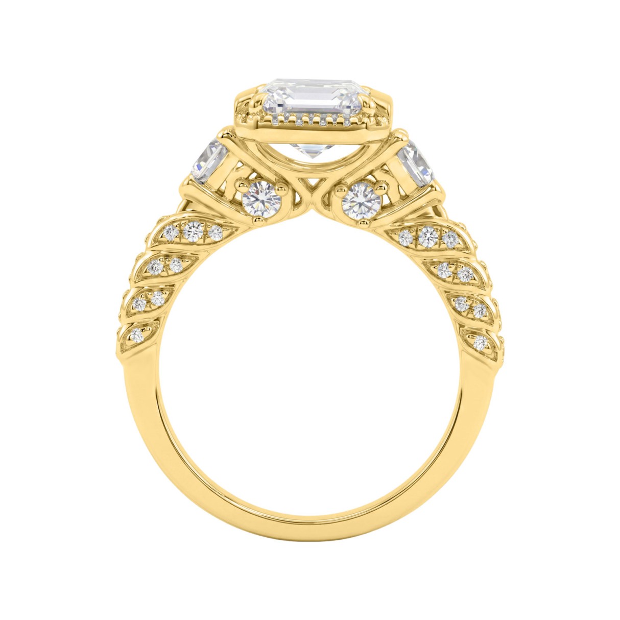14K Yellow Gold 4.00 Ct Round & Emerald Cut Diamond Engagement Ring For Women With Side Round Diamond 3.00Ct Emerald Center Stone (Color F-G -Clarity Vs1/Vs2)