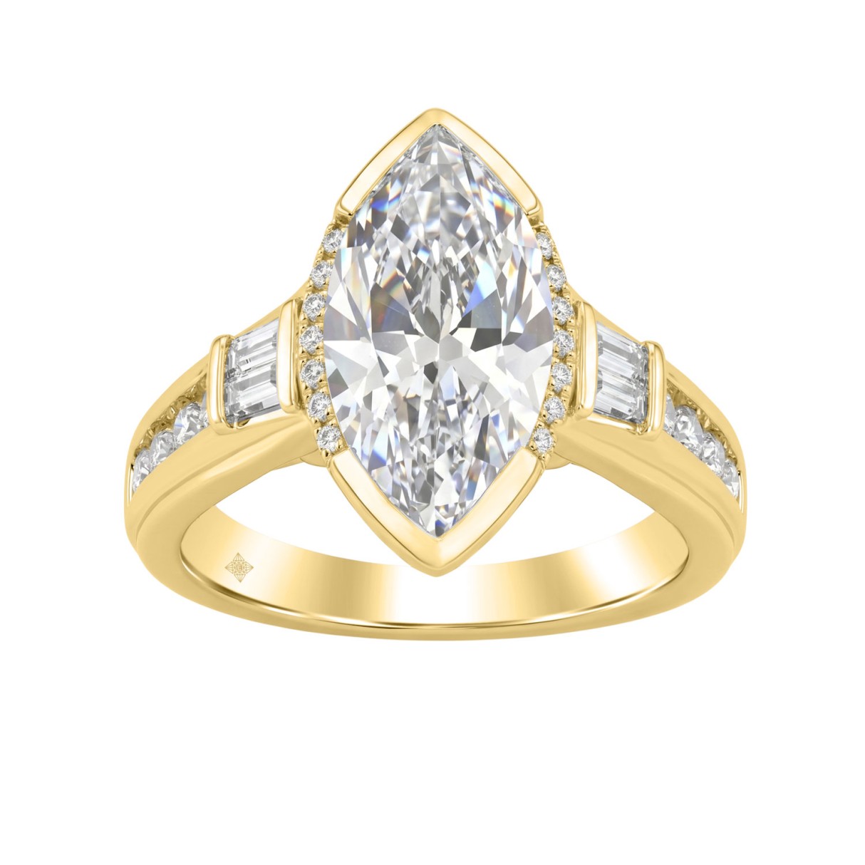 Elegant 14K Yellow Gold Diamond Engagement Ring Featuring 3 1/2Ct Round, Marquise & Baguette Diamonds With Sparkling Side Stones. Perfect For Weddings, Proposals & Anniversaries.3.00Ct Marquise Center Stone (Color F-G -Clarity Vs1/Vs2)