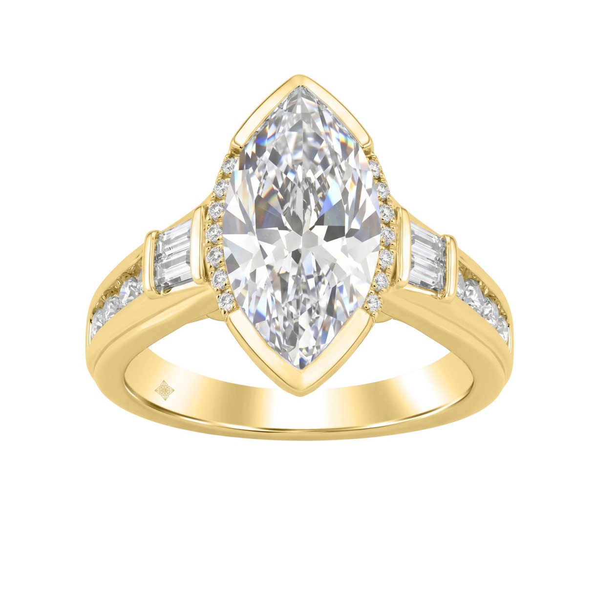 Elegant 14K Yellow Gold Diamond Engagement Ring Featuring 3 1/2Ct Round, Marquise & Baguette Diamonds With Sparkling Side Stones. Perfect For Weddings, Proposals & Anniversaries.3.00Ct Marquise Center Stone (Color F-G -Clarity Vs1/Vs2)