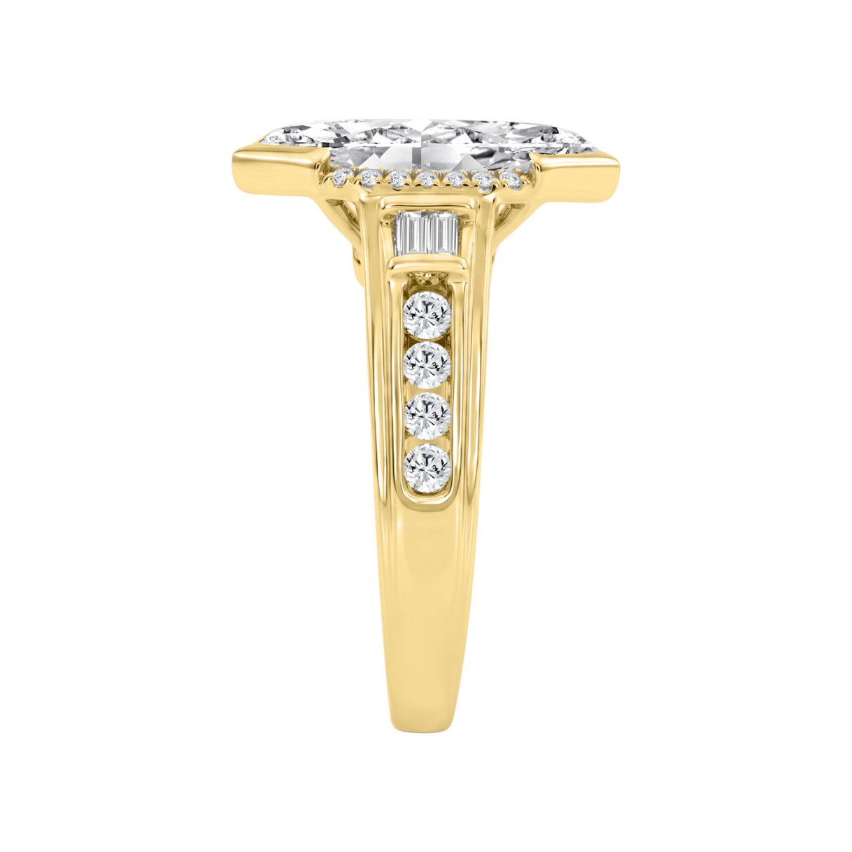 Elegant 14K Yellow Gold Diamond Engagement Ring Featuring 3 1/2Ct Round, Marquise & Baguette Diamonds With Sparkling Side Stones. Perfect For Weddings, Proposals & Anniversaries.3.00Ct Marquise Center Stone (Color F-G -Clarity Vs1/Vs2)