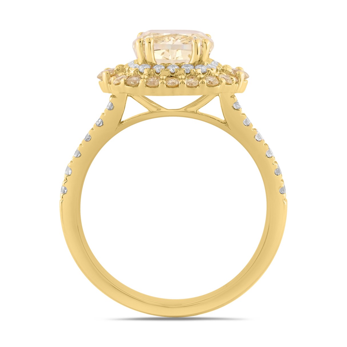 14K YELLOW GOLD 2 3/4CT ROUND/CUSHION DIAMOND LADIES RING (CENTER STONE YELLOW CUSHION DIAMOND 2CT)