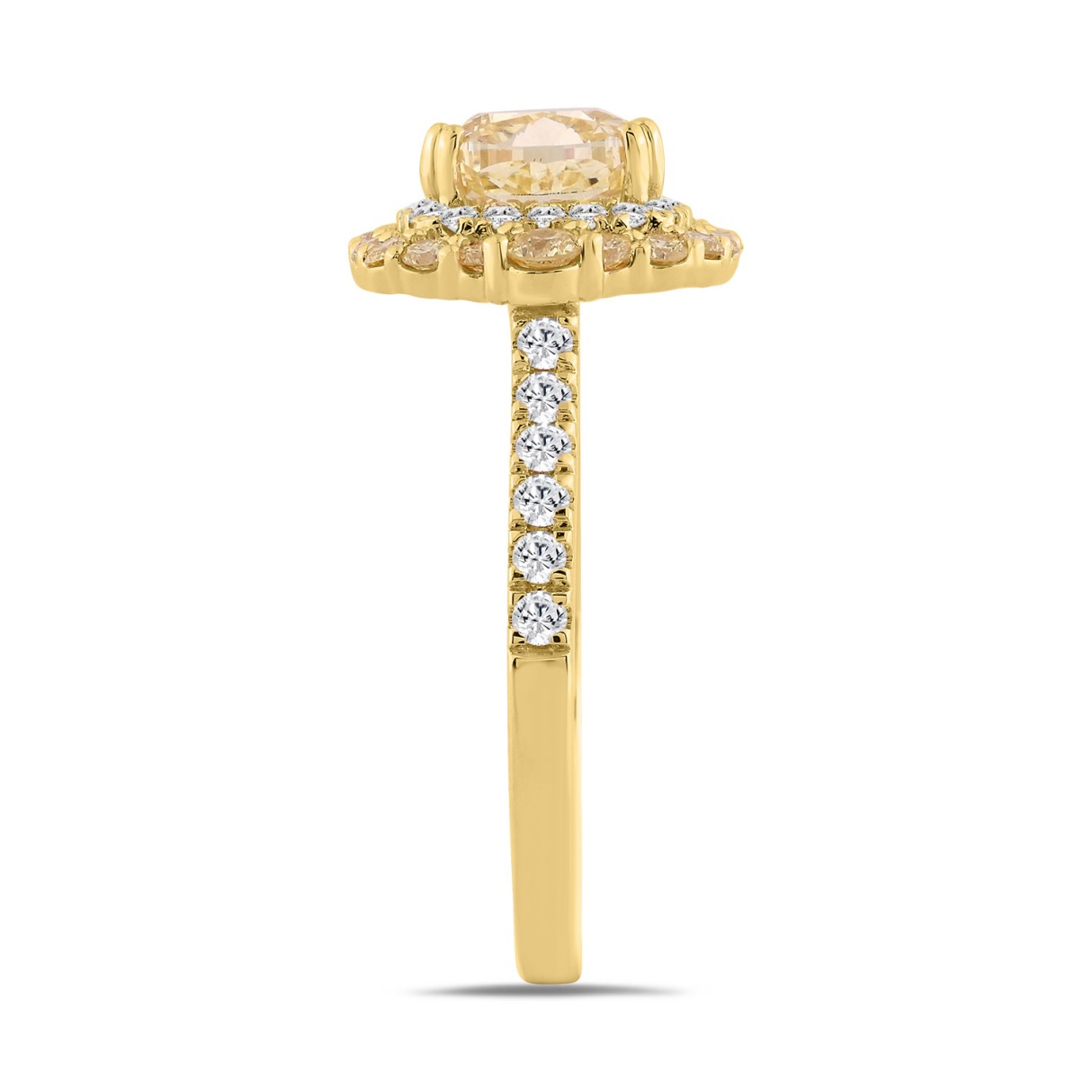 14K YELLOW GOLD 2 3/4CT ROUND/CUSHION DIAMOND LADIES RING (CENTER STONE YELLOW CUSHION DIAMOND 2CT)