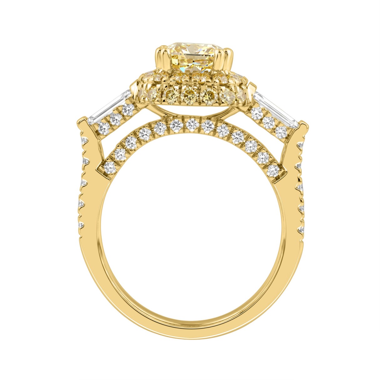 14K YELLOW GOLD 3 1/2CT ROUND/CUSHION/BAGUETTE DIAMOND LADIES RING (CENTER STONE YELLOW CUSHION DIAMOND 2CT)