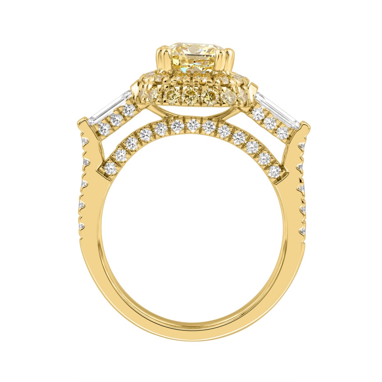 14K YELLOW GOLD 3 1/2CT ROUND/CUSHION/BAGUETTE DIAMOND LADIES RING (CENTER STONE YELLOW CUSHION DIAMOND 2CT)