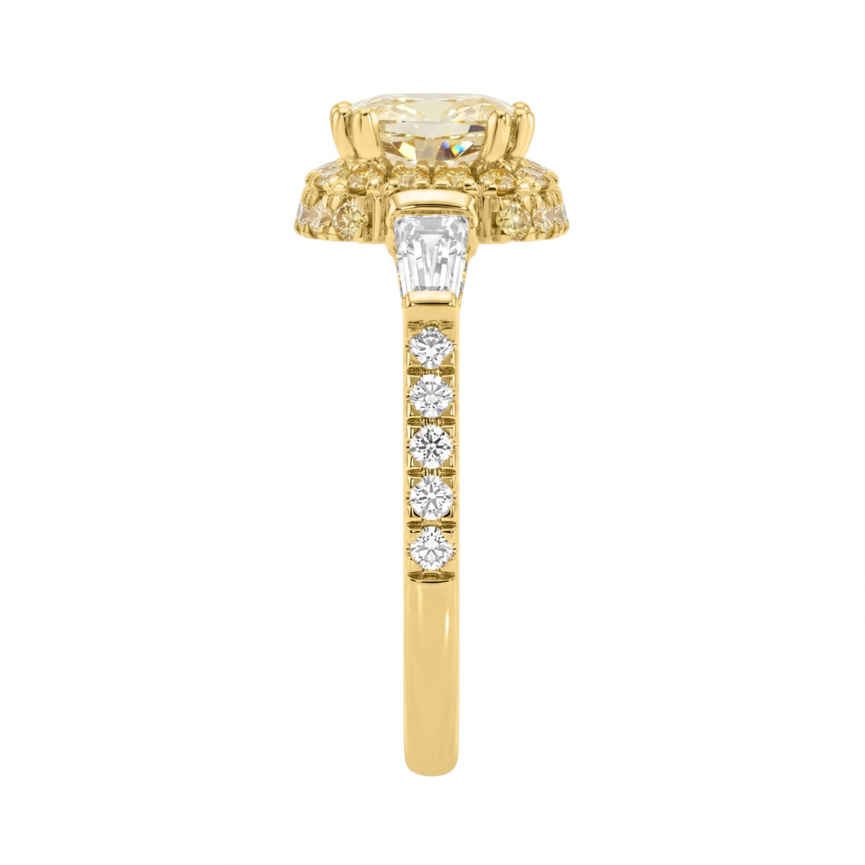 14K YELLOW GOLD 3 1/2CT ROUND/CUSHION/BAGUETTE DIAMOND LADIES RING (CENTER STONE YELLOW CUSHION DIAMOND 2CT)