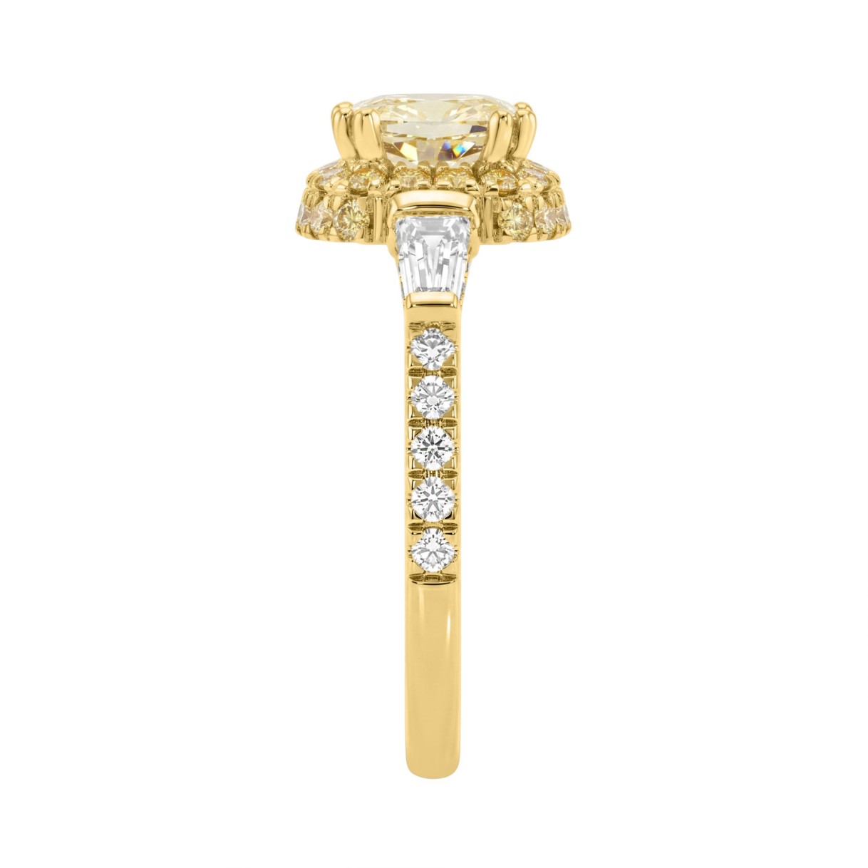 14K YELLOW GOLD 3 1/2CT ROUND/CUSHION/BAGUETTE DIAMOND LADIES RING (CENTER STONE YELLOW CUSHION DIAMOND 2CT)
