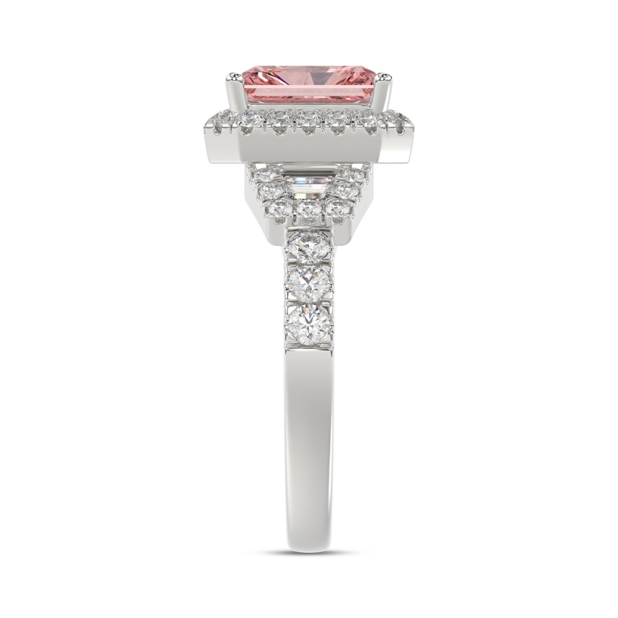 14K WHITE GOLD 2 3/4CT ROUND/BAGUETTE/RADIANT DIAMOND LADIES RING (CENTER STONE PINK RADIANT DIAMOND 2CT)