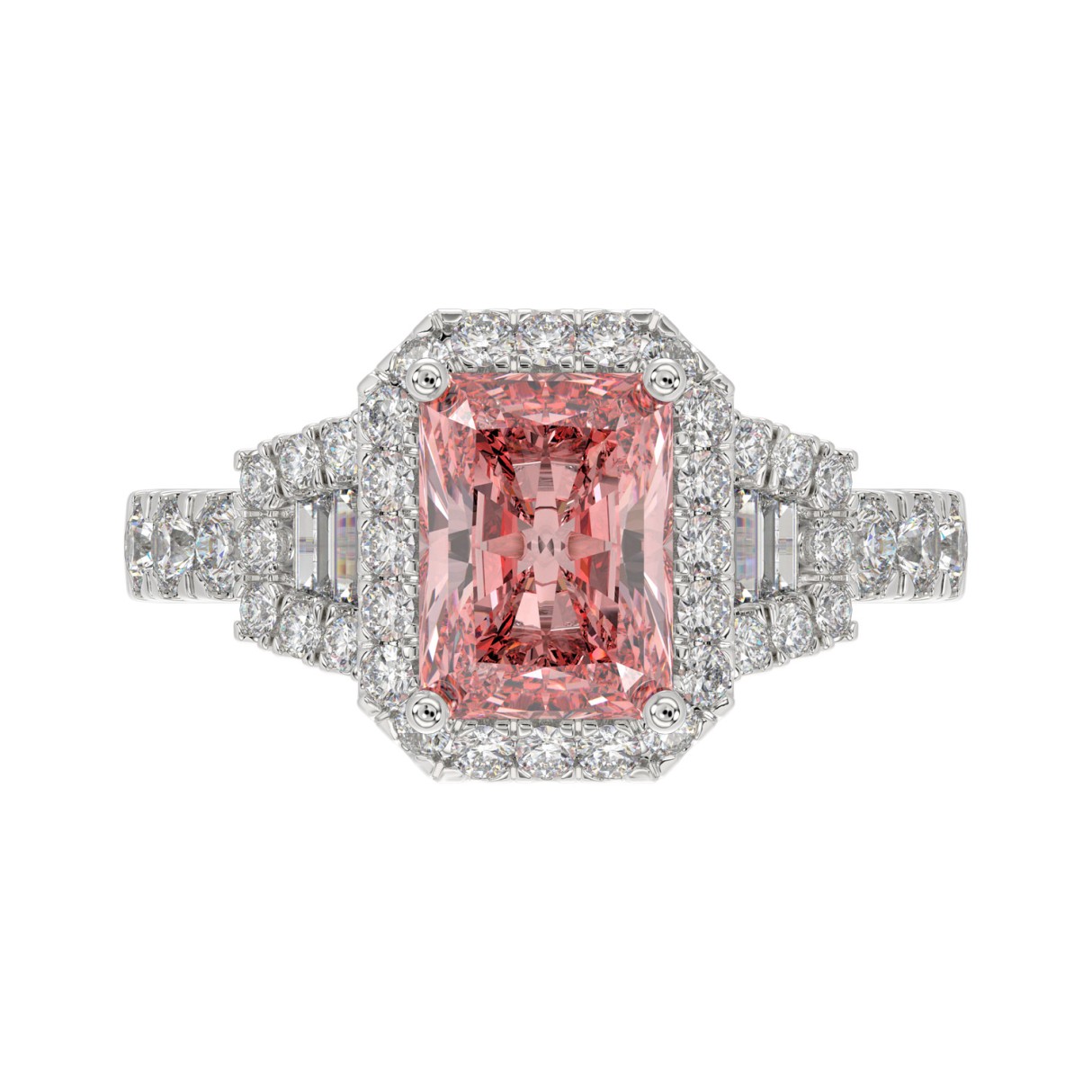 14K WHITE GOLD 2 3/4CT ROUND/BAGUETTE/RADIANT DIAMOND LADIES RING (CENTER STONE PINK RADIANT DIAMOND 2CT)