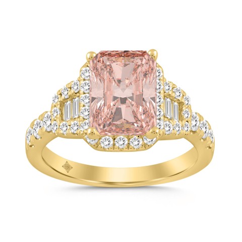 ETERNAL BLUSH COLLECTION 14K YELLOW GOLD 2 3/4CT ROUND/BAGUETTE/RADIANT DIAMOND LADIES RING (CENTER STONE PINK RADIANT DIAMOND 2CT)