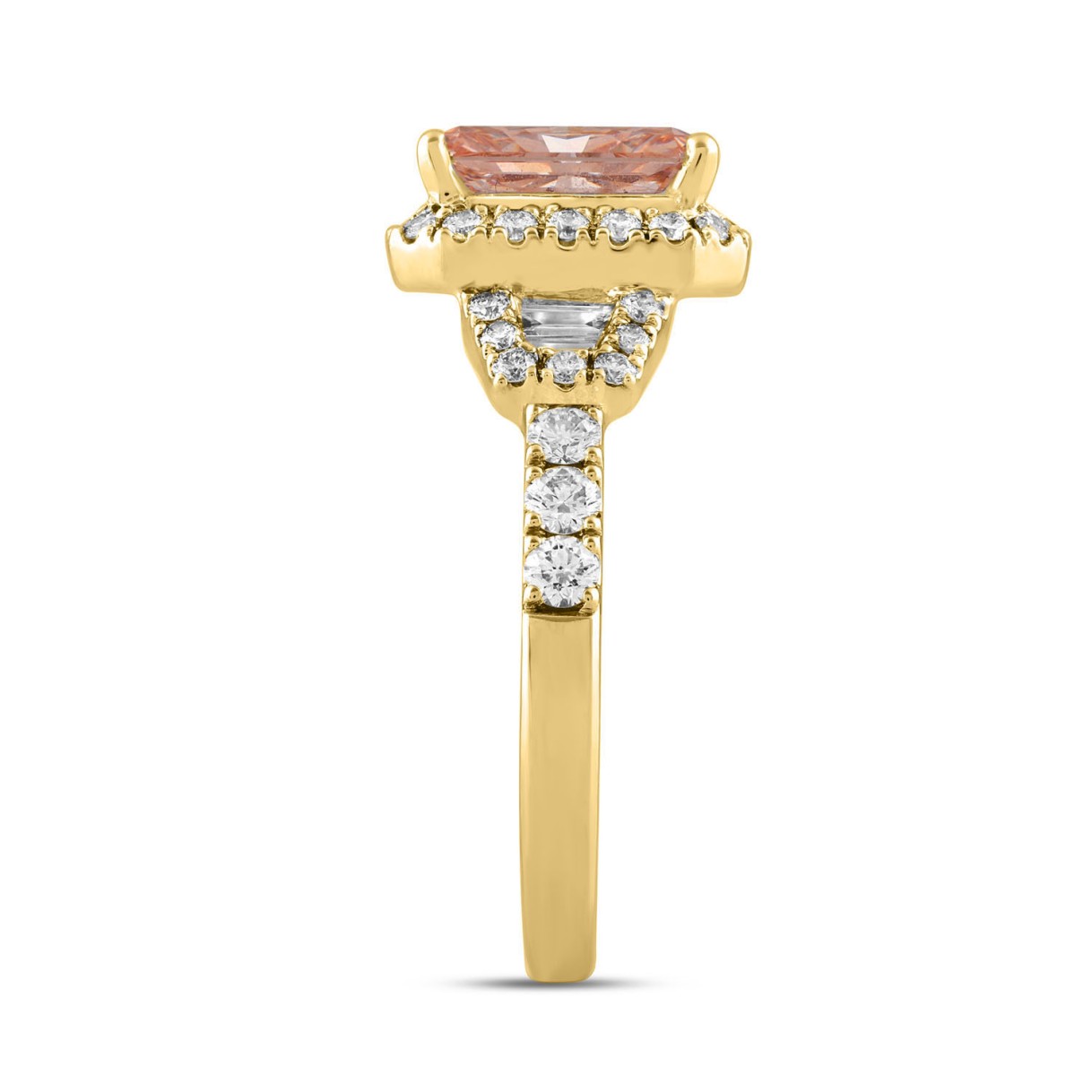 ETERNAL BLUSH COLLECTION 14K YELLOW GOLD 2 3/4CT ROUND/BAGUETTE/RADIANT DIAMOND LADIES RING (CENTER STONE PINK RADIANT DIAMOND 2CT)