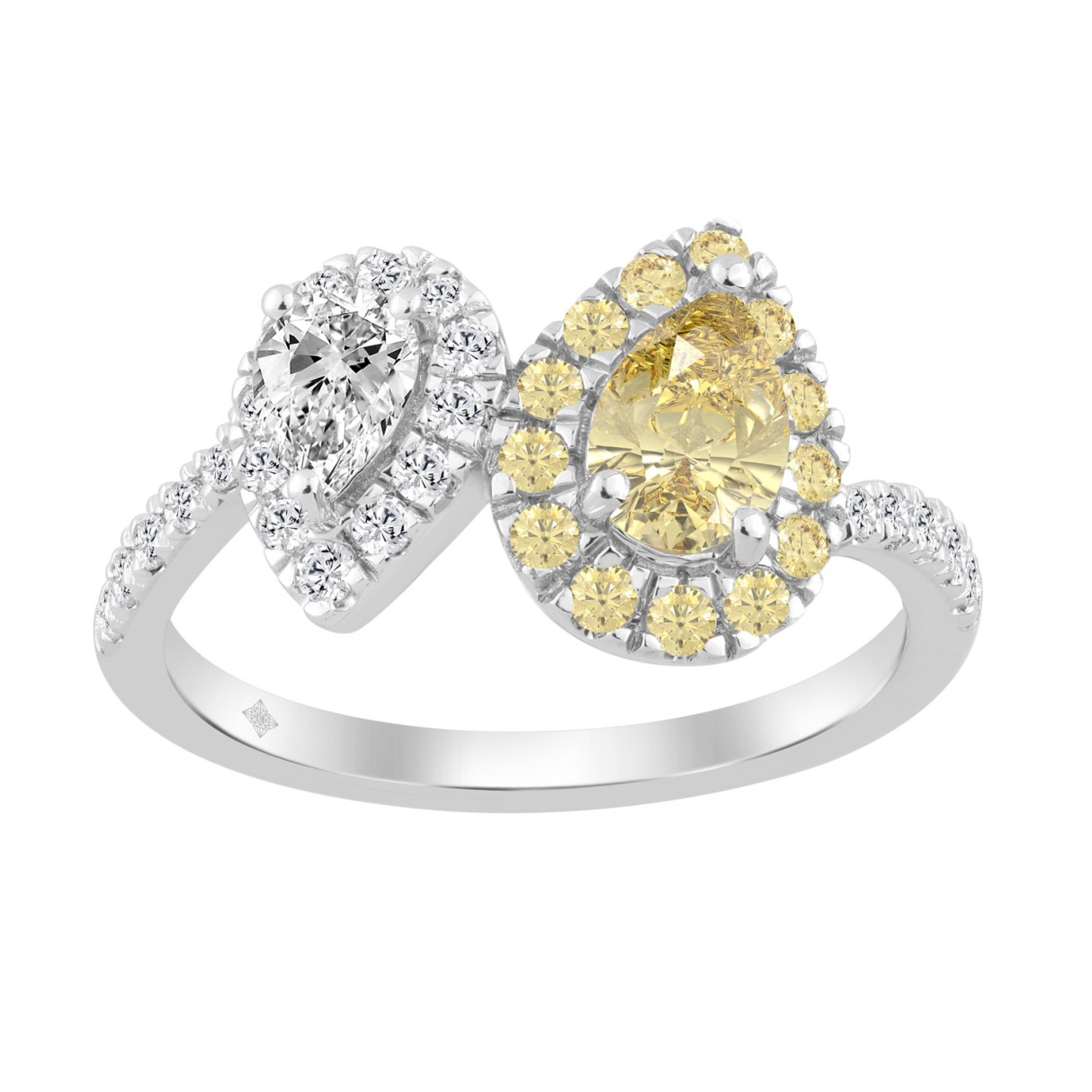 14K WHITE GOLD 1 1/4CT ROUND/YELLOW PEAR DIAMOND LADIES RING 