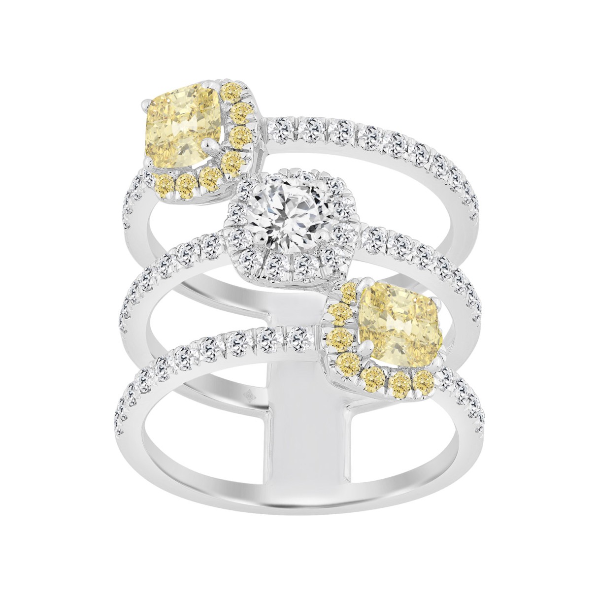 14K WHITE GOLD 2 1/2CT ROUND/YELLOW CUSHION DIAMOND LADIES RING 