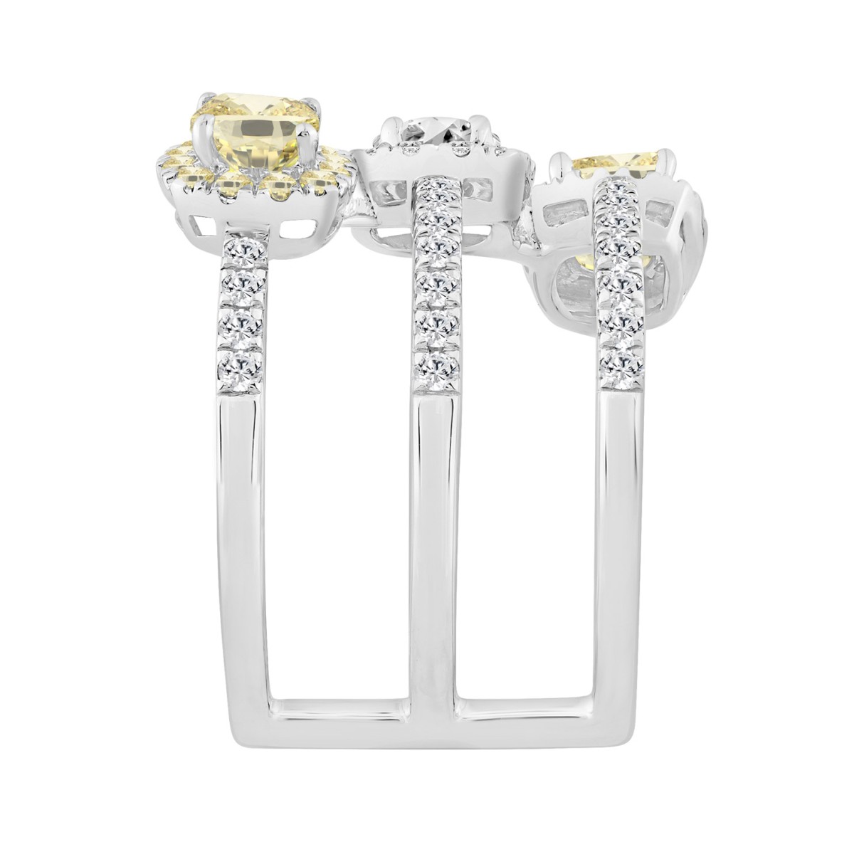 14K WHITE GOLD 2 1/2CT ROUND/YELLOW CUSHION DIAMOND LADIES RING 