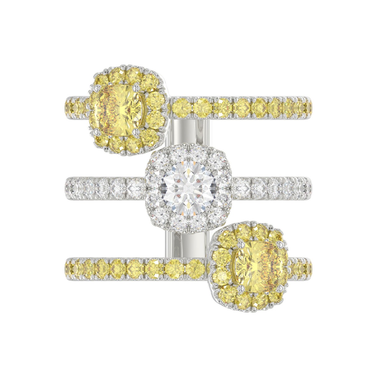 14K WHITE GOLD 2 1/2CT ROUND/YELLOW CUSHION DIAMOND LADIES RING 