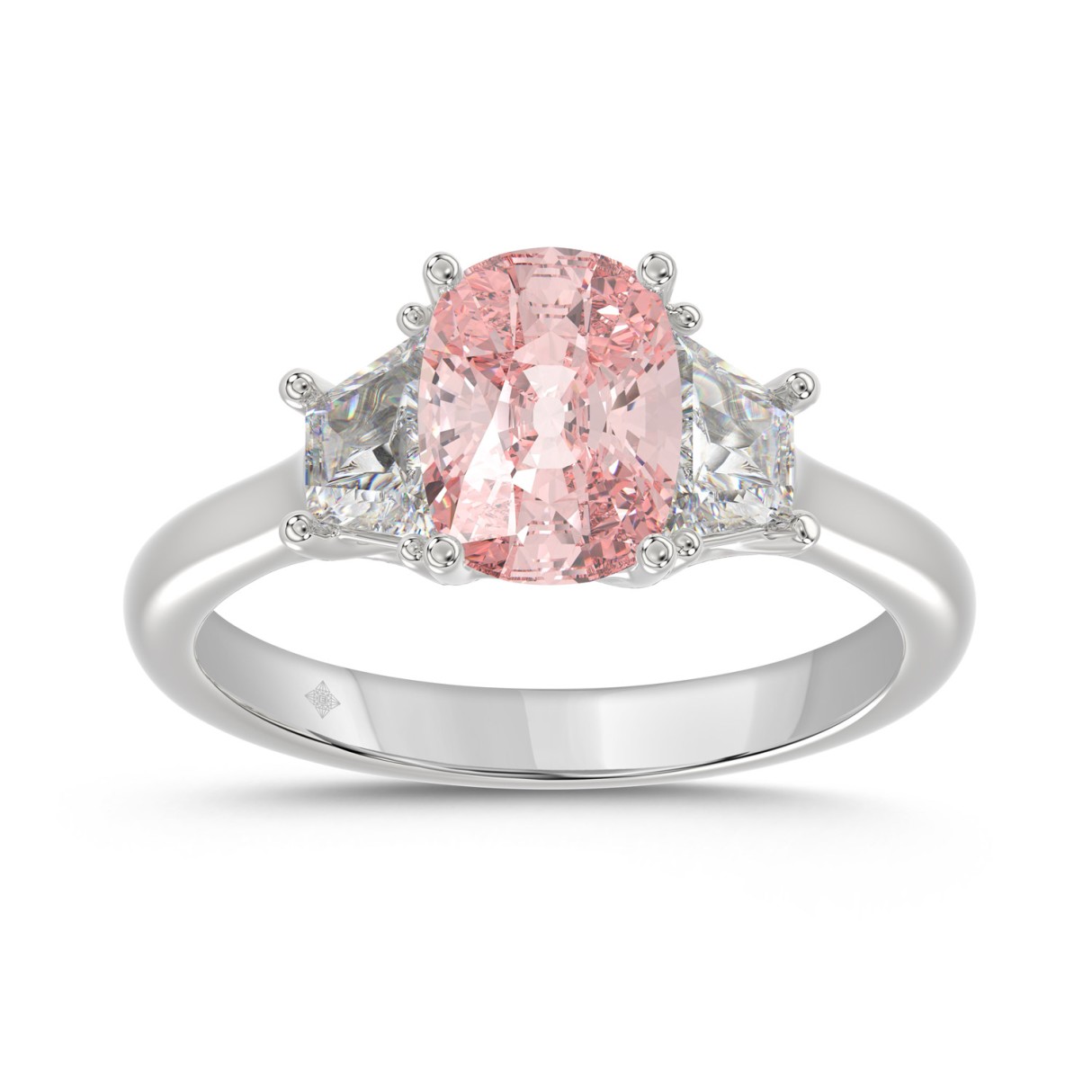 14K WHITE GOLD 2 3/4CT PINK CUSHION/TRAPEZOID DIAM...