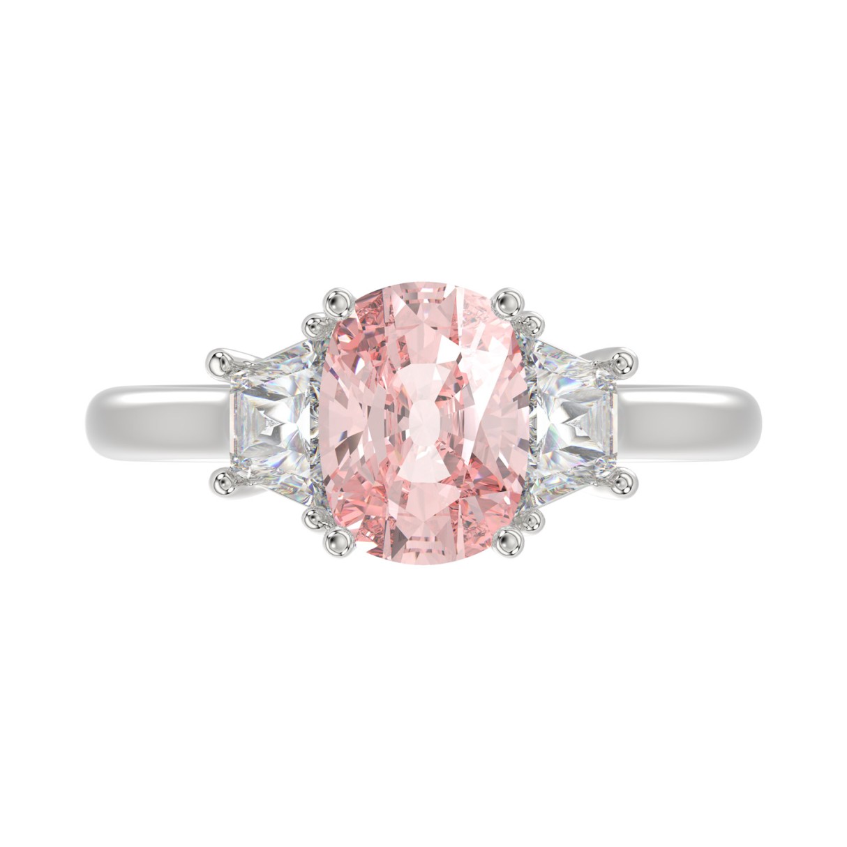 ETERNAL BLUSH COLLECTION 14K WHITE GOLD 2 3/4CT PINK CUSHION/TRAPEZOID DIAMOND LADIES RING (CENTER STONE PINK CUSHION DIAMOND 2CT)