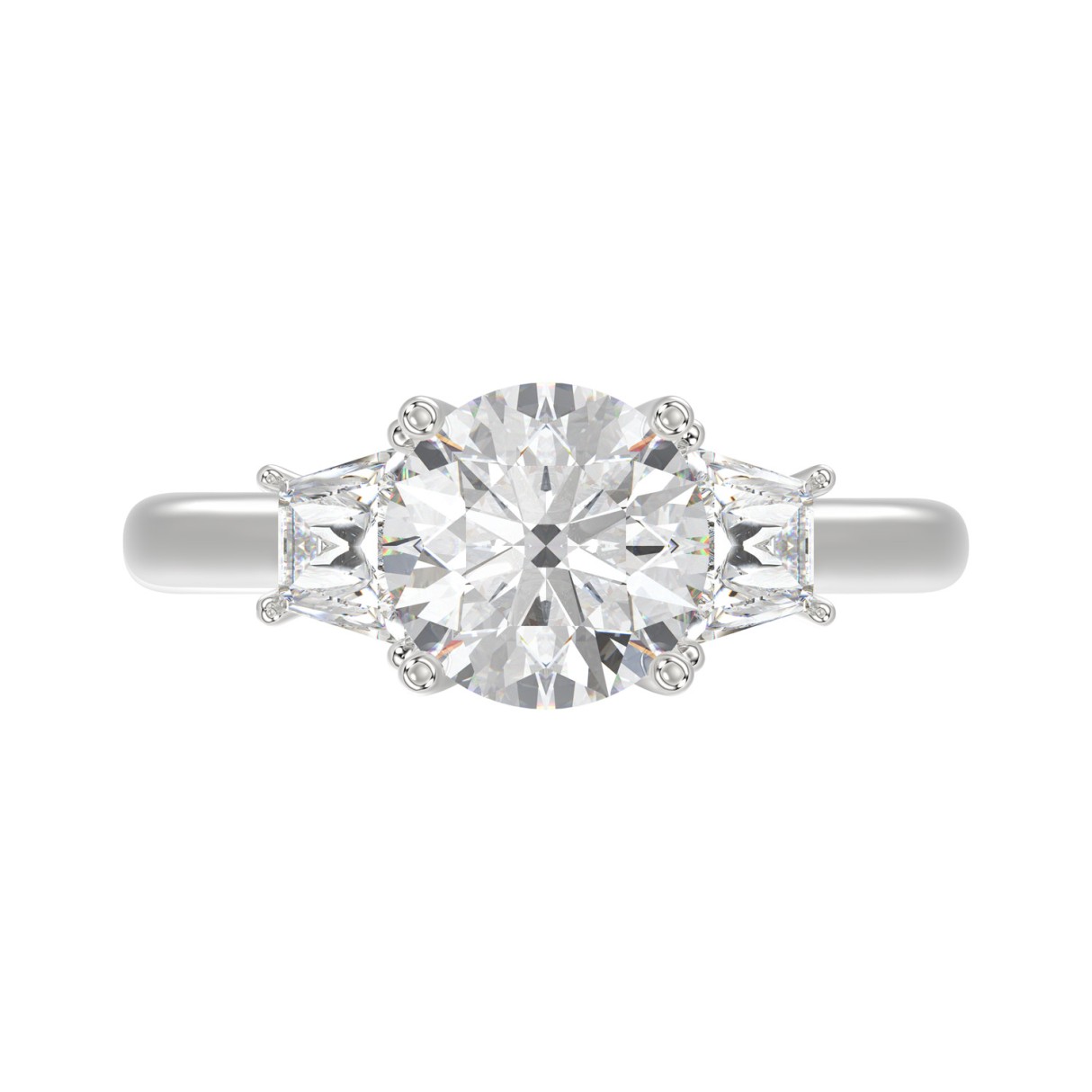 14K WHITE GOLD 2 1/2CT ROUND/TRAPEZOID DIAMOND LADIES RING (CENTER STONE ROUND DIAMOND 2CT)