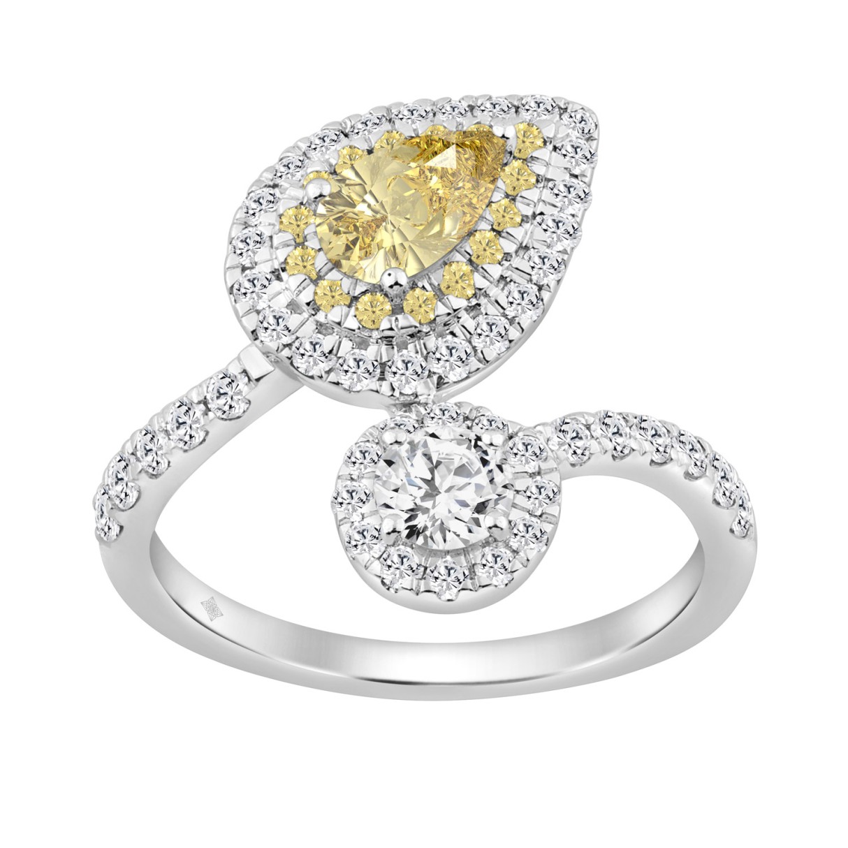 14K WHITE GOLD 1 1/2CT ROUND/YELLOW PEAR DIAMOND LADIES RING 