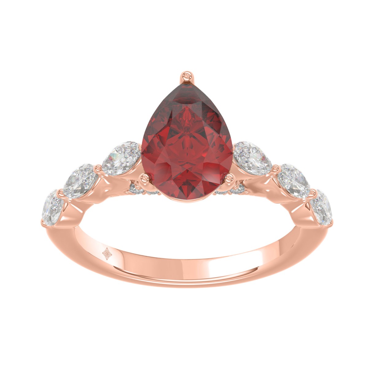 14K ROSE GOLD 3.00CT ROUND/RUBY PEAR/MARQUISE DIAMOND LADUES RING (CENTER STONE PEAR RUBY DIAMOND 2 1/4CT)