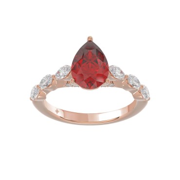 14K ROSE GOLD 3.00CT ROUND/RUBY PEAR/MARQUISE DIAMOND LADUES RING (CENTER STONE PEAR RUBY DIAMOND 2 1/4CT)