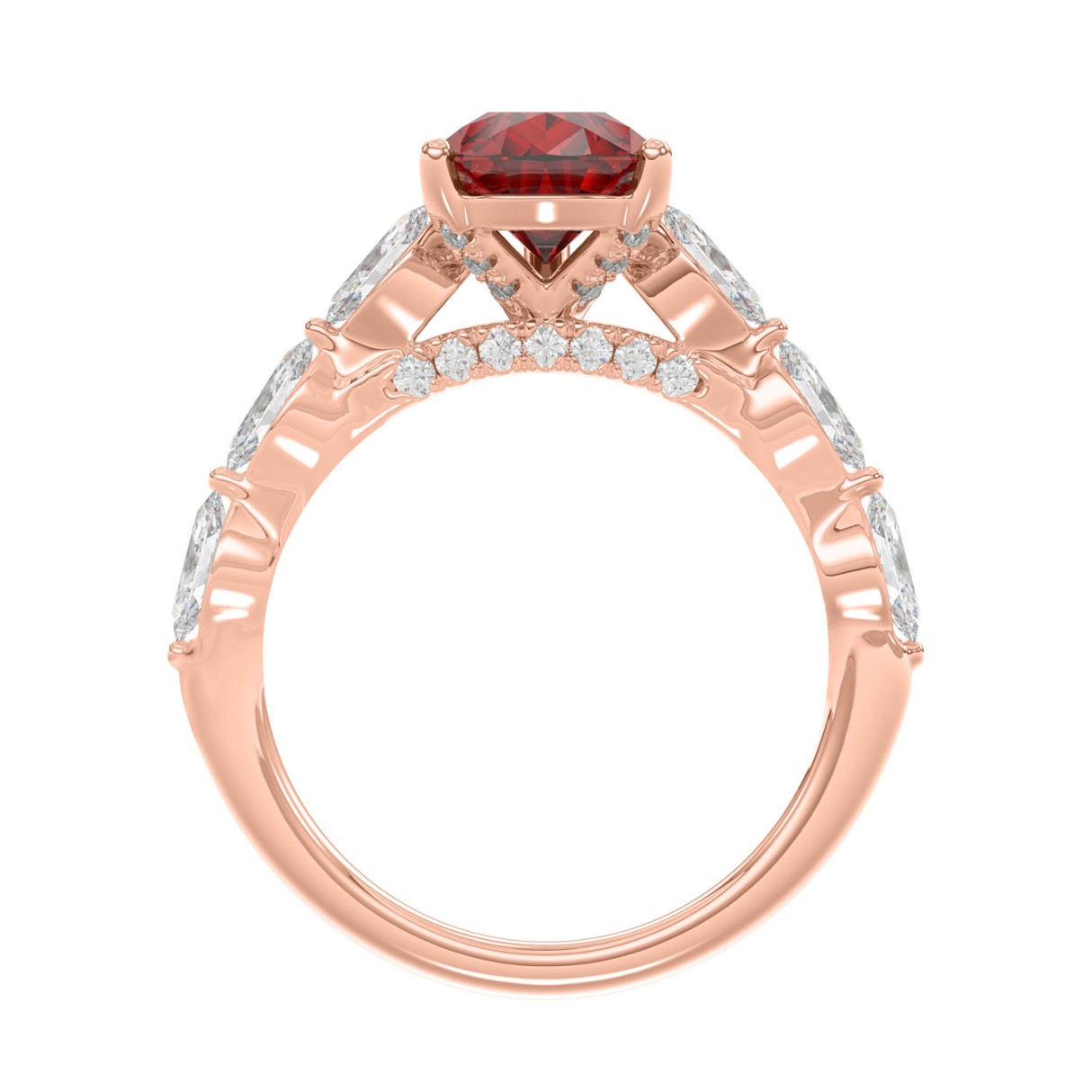 14K ROSE GOLD 3.00CT ROUND/RUBY PEAR/MARQUISE DIAMOND LADIES RING (CENTER STONE PEAR RUBY DIAMOND 2 1/4CT)