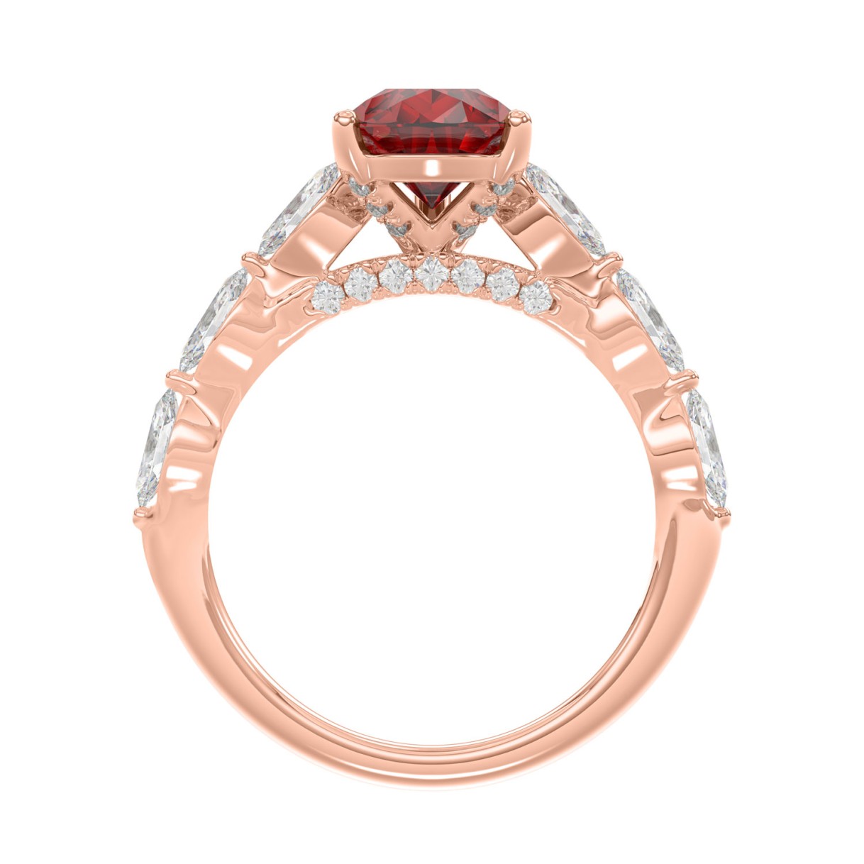 14K ROSE GOLD 3.00CT ROUND/RUBY PEAR/MARQUISE DIAMOND LADUES RING (CENTER STONE PEAR RUBY DIAMOND 2 1/4CT)