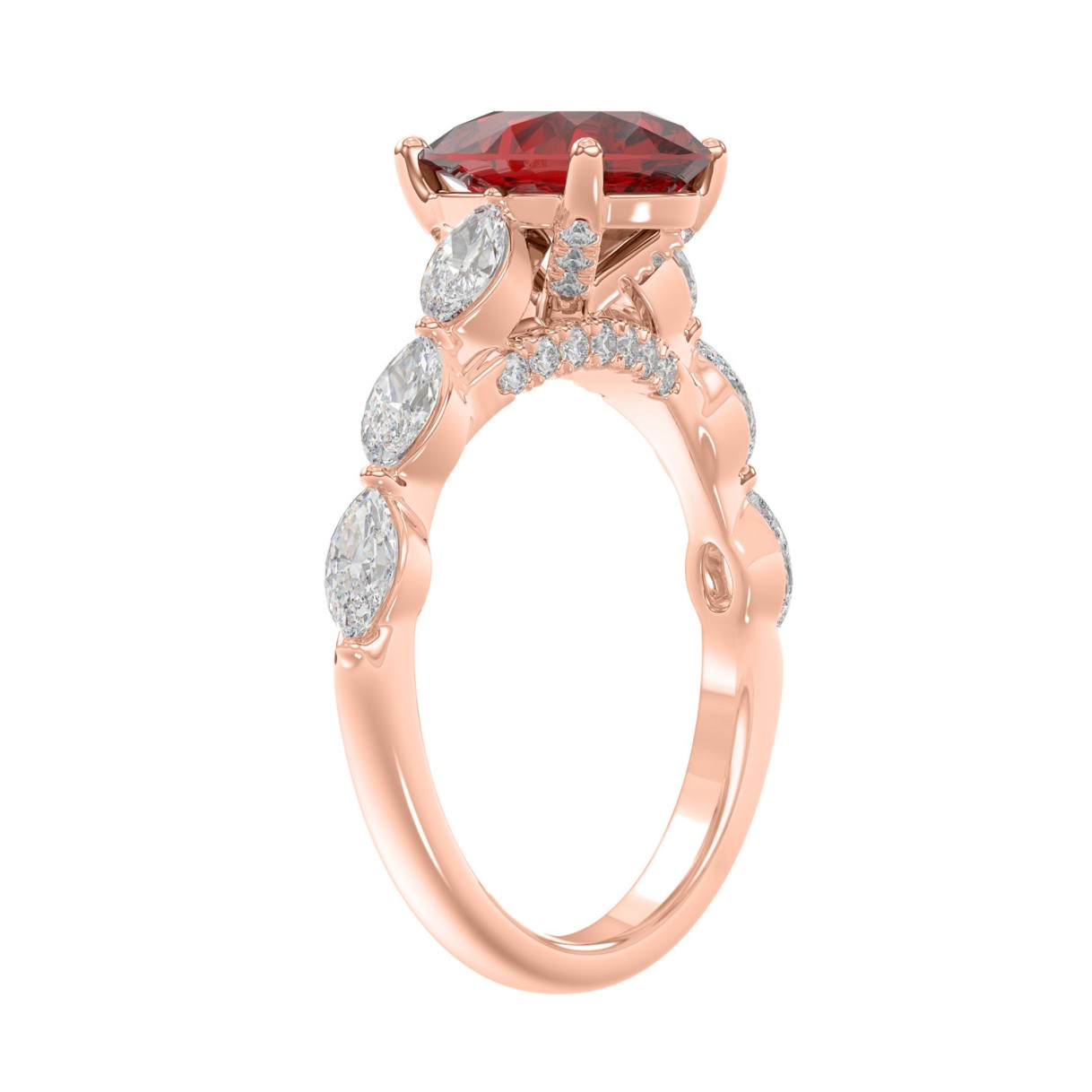 14K ROSE GOLD 3.00CT ROUND/RUBY PEAR/MARQUISE DIAMOND LADUES RING (CENTER STONE PEAR RUBY DIAMOND 2 1/4CT)