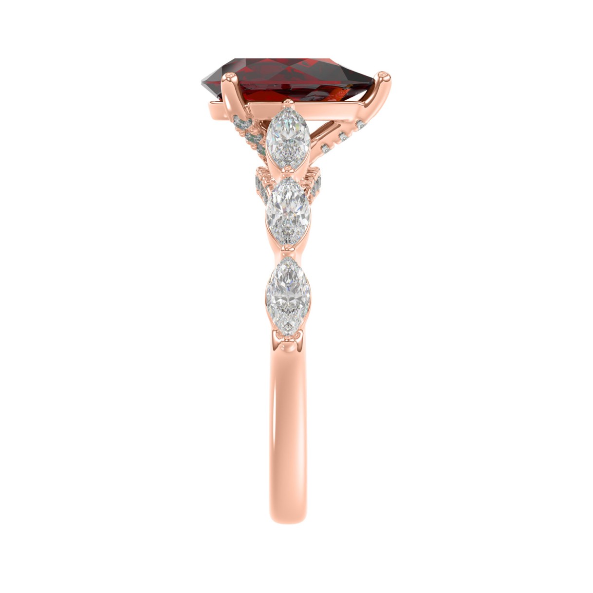 14K ROSE GOLD 3.00CT ROUND/RUBY PEAR/MARQUISE DIAMOND LADUES RING (CENTER STONE PEAR RUBY DIAMOND 2 1/4CT)
