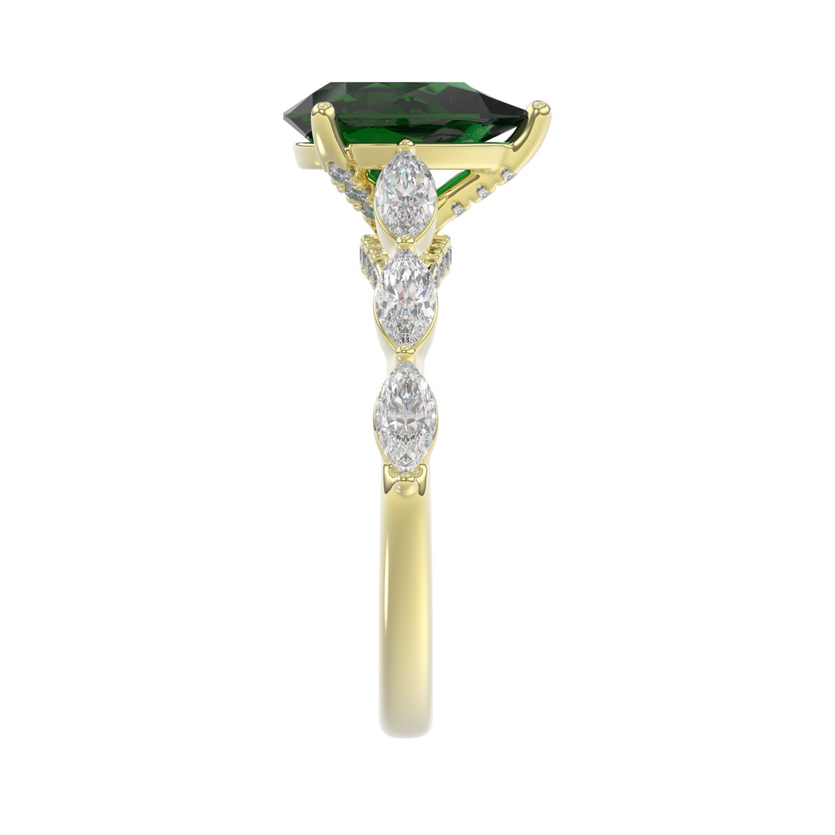 14K YELLOW GOLD 3.00CT ROUND/PEAR/MARQUISE DIAMOND LADIES RING (CENTER STONE PEAR GREEN EMERALD DIAMOND 2 1/4CT)