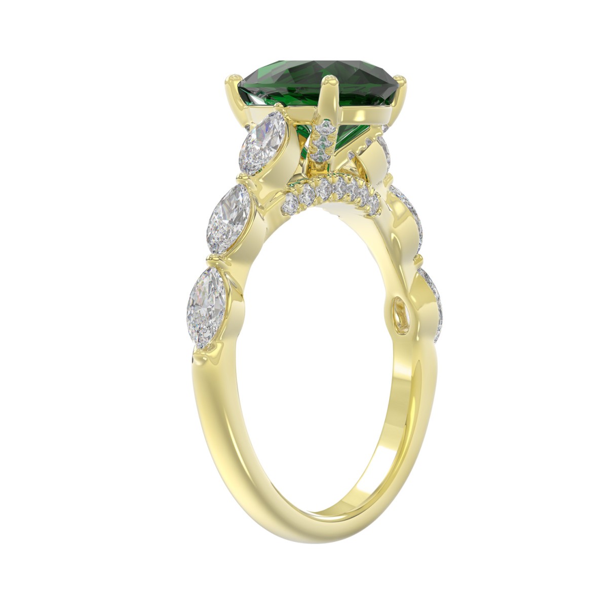 14K YELLOW GOLD 3.00CT ROUND/PEAR/MARQUISE DIAMOND LADIES RING (CENTER STONE PEAR GREEN EMERALD DIAMOND 2 1/4CT)