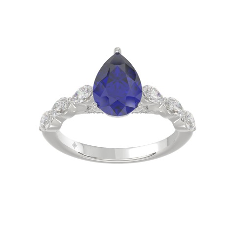 14K WHITE GOLD 3.00CT ROUND/MARQUISE/BLUE SAPPHIRE PEAR DIAMOND LADIES RING (CENTER STONE BLUE SAPPHIRE PEAR DIAMOND 2 1/4CT)